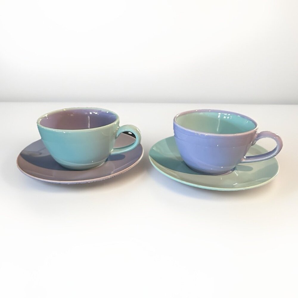 Lindt-Stymeist Colorways 2 Cups & Saucers Blue on Blue Green Tea Party RARE NEW